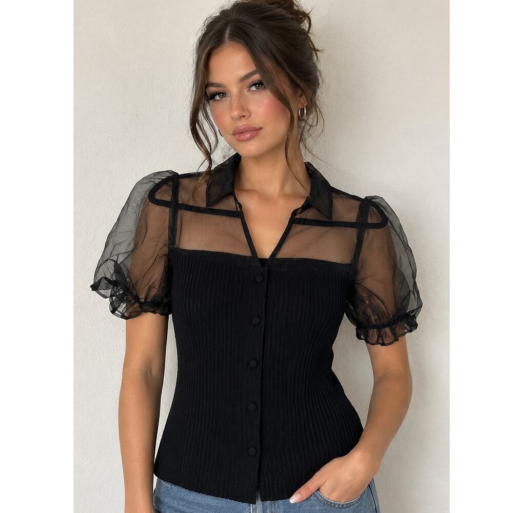 Marc New York L Black Sheer Organza Puff Sleeve Ribbed Top Goth Dark Romance